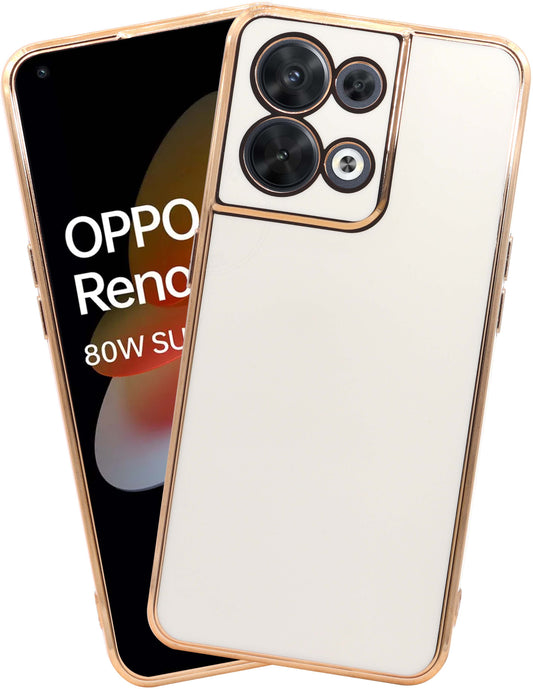 VAKIBO Golden Chrome Border White Coloured Soft TPU Back Cover Case With Camera Protection Suitable for Oppo Reno 8