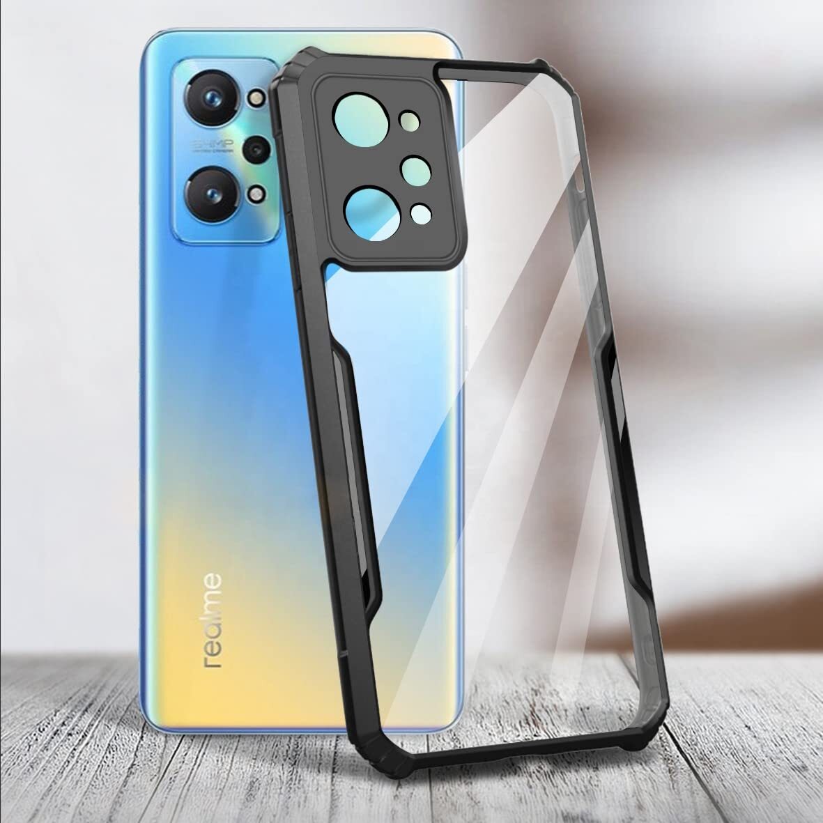VAKIBO Best Selling Black and Transparent Back Cover Case Made With Soft TPU and Acrylic With 4 Corner and Camera Protection Suitable for Realme GT2