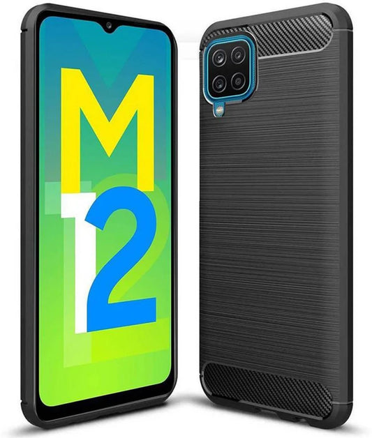 VAKIBO Carbon Fiber Brushed Black Coloured Soft TPU Back Cover Case With Camera Protection Ring Suitable for Samsung Galaxy F12