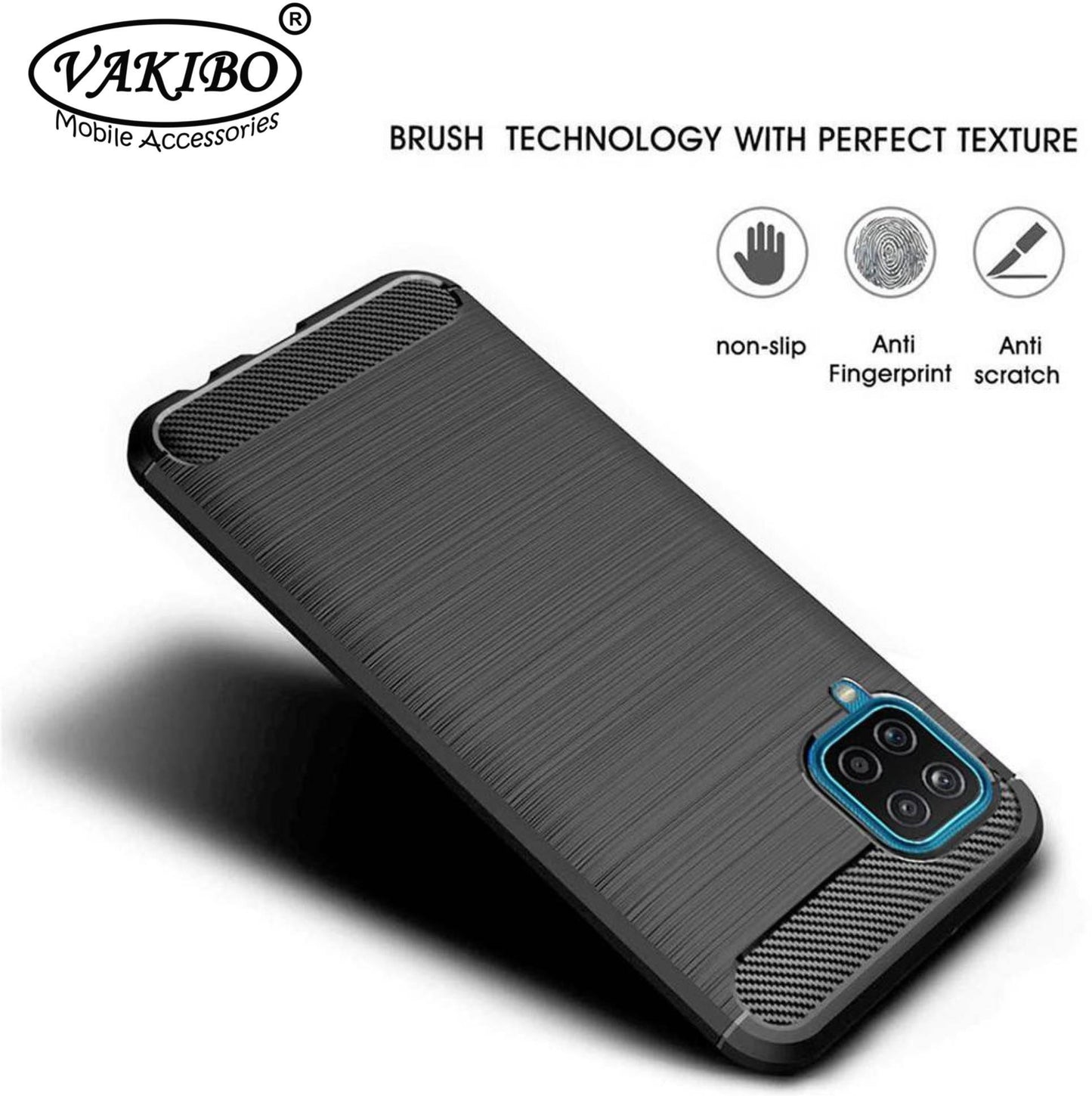VAKIBO Carbon Fiber Brushed Black Coloured Soft TPU Back Cover Case With Camera Protection Ring Suitable for Samsung Galaxy A12