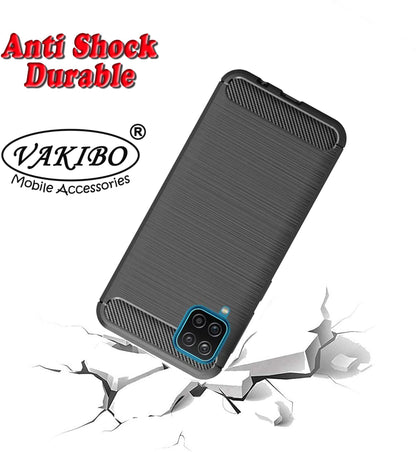 VAKIBO Carbon Fiber Brushed Black Coloured Soft TPU Back Cover Case With Camera Protection Ring Suitable for Samsung Galaxy A12