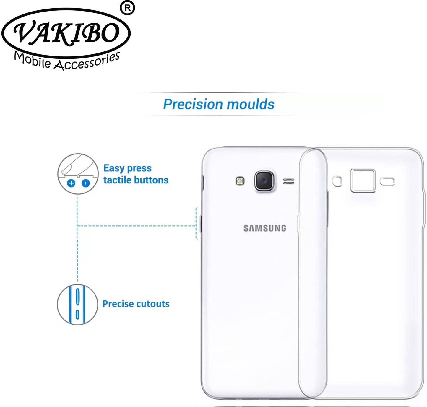 VAKIBO Super Premium Soft TPU Transparent Case With Dustplug,Side Grip,Corner Protection,lanyard Cuts,Camera Protection Suitable for Samsung J2 2015 /J2 /J200