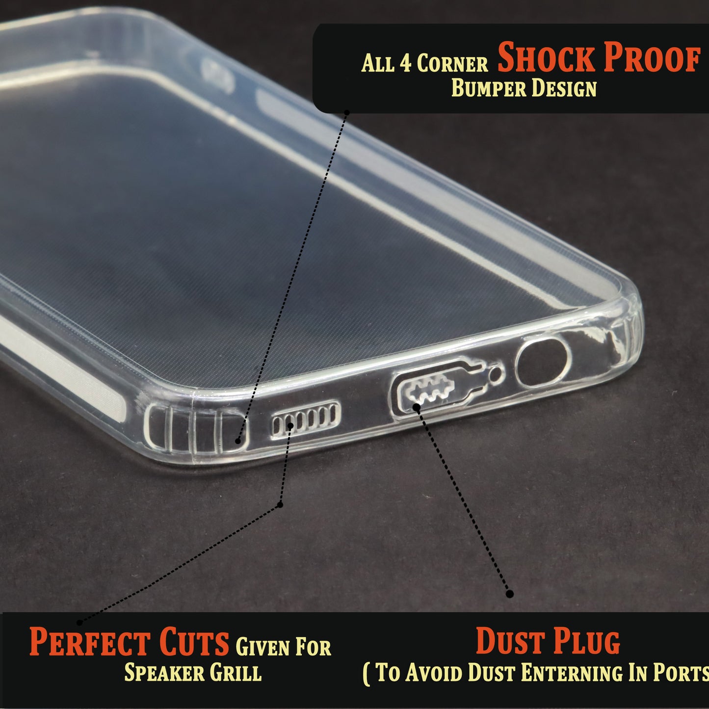 VAKIBO Super Premium Soft TPU Transparent Case With Dustplug,Side Grip,Corner Protection,lanyard Cuts,Camera Protection Suitable for Samsung A14 4G