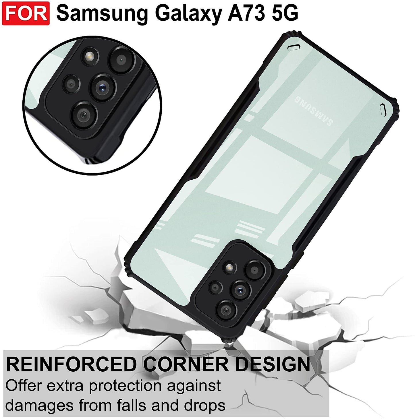 VAKIBO Best Selling Black and Transparent Back Cover Case Made With Soft TPU and Acrylic With 4 Corner and Camera Protection Suitable for Samsung Galaxy A73