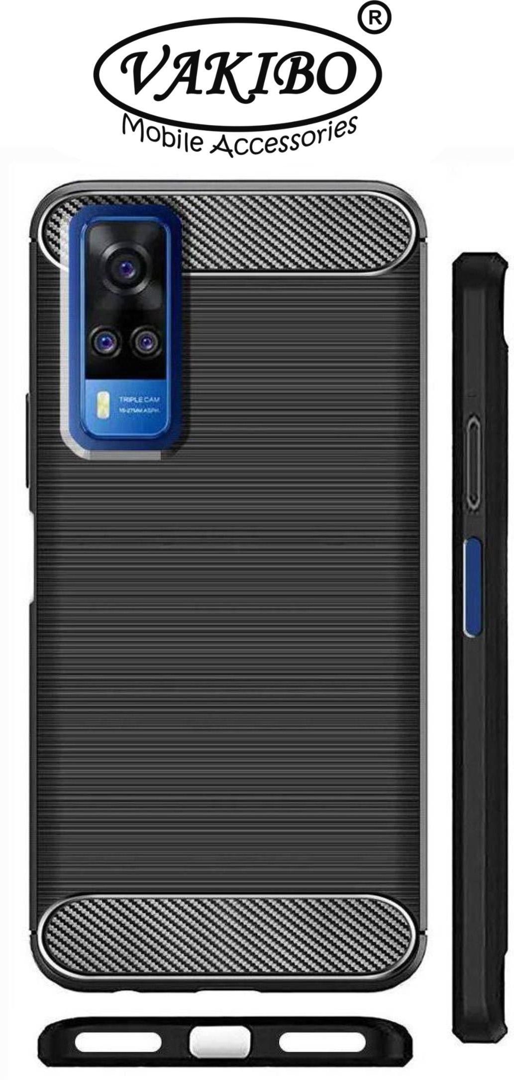 VAKIBO Carbon Fiber Brushed Black Coloured Soft TPU Back Cover Case With Camera Protection Ring Suitable for Vivo Y51 2020