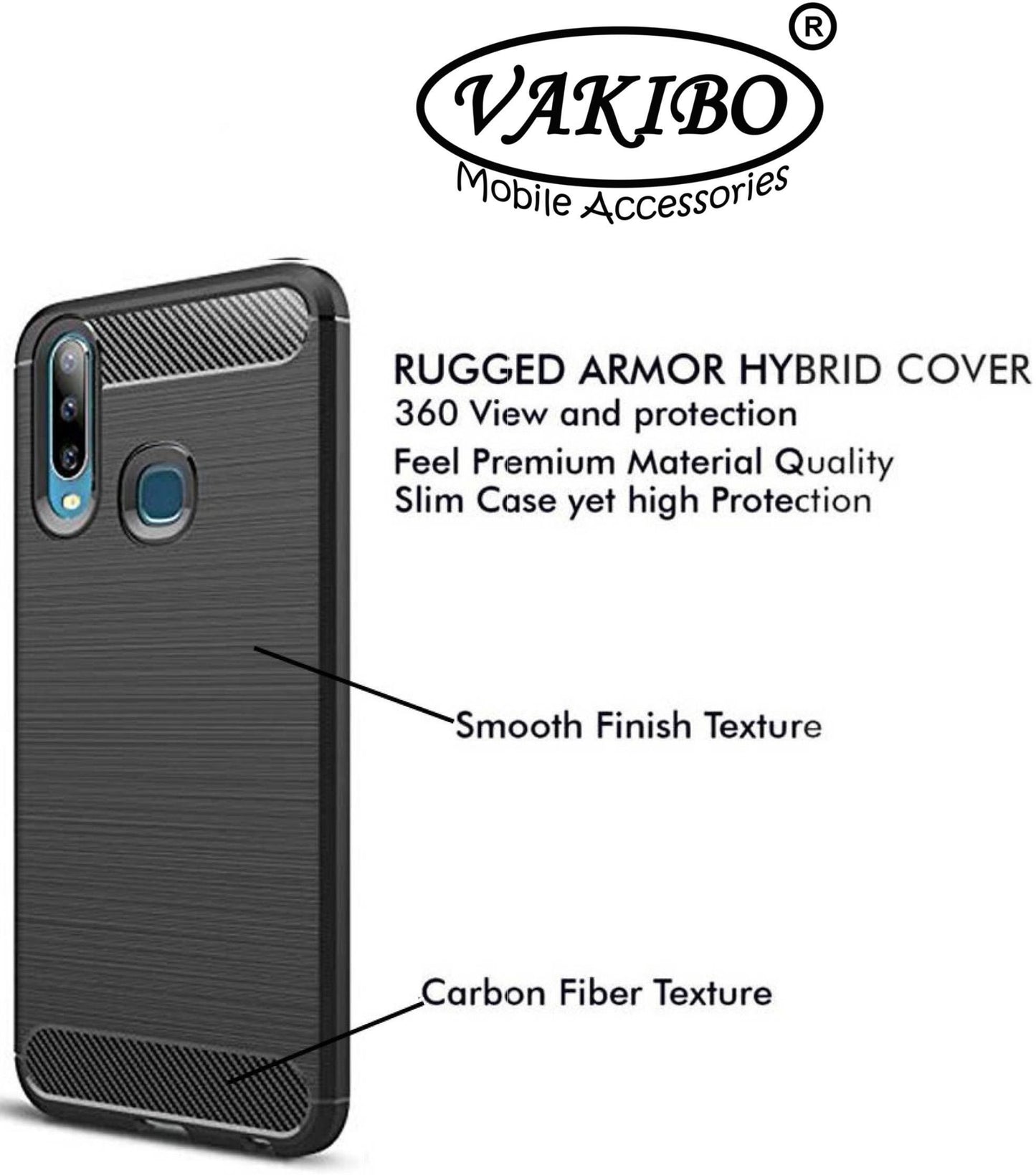 VAKIBO Carbon Fiber Brushed Black Coloured Soft TPU Back Cover Case With Camera Protection Ring Suitable for Vivo Y19