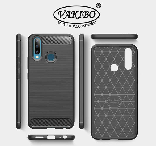 VAKIBO Carbon Fiber Brushed Black Coloured Soft TPU Back Cover Case With Camera Protection Ring Suitable for Vivo Z1 Pro