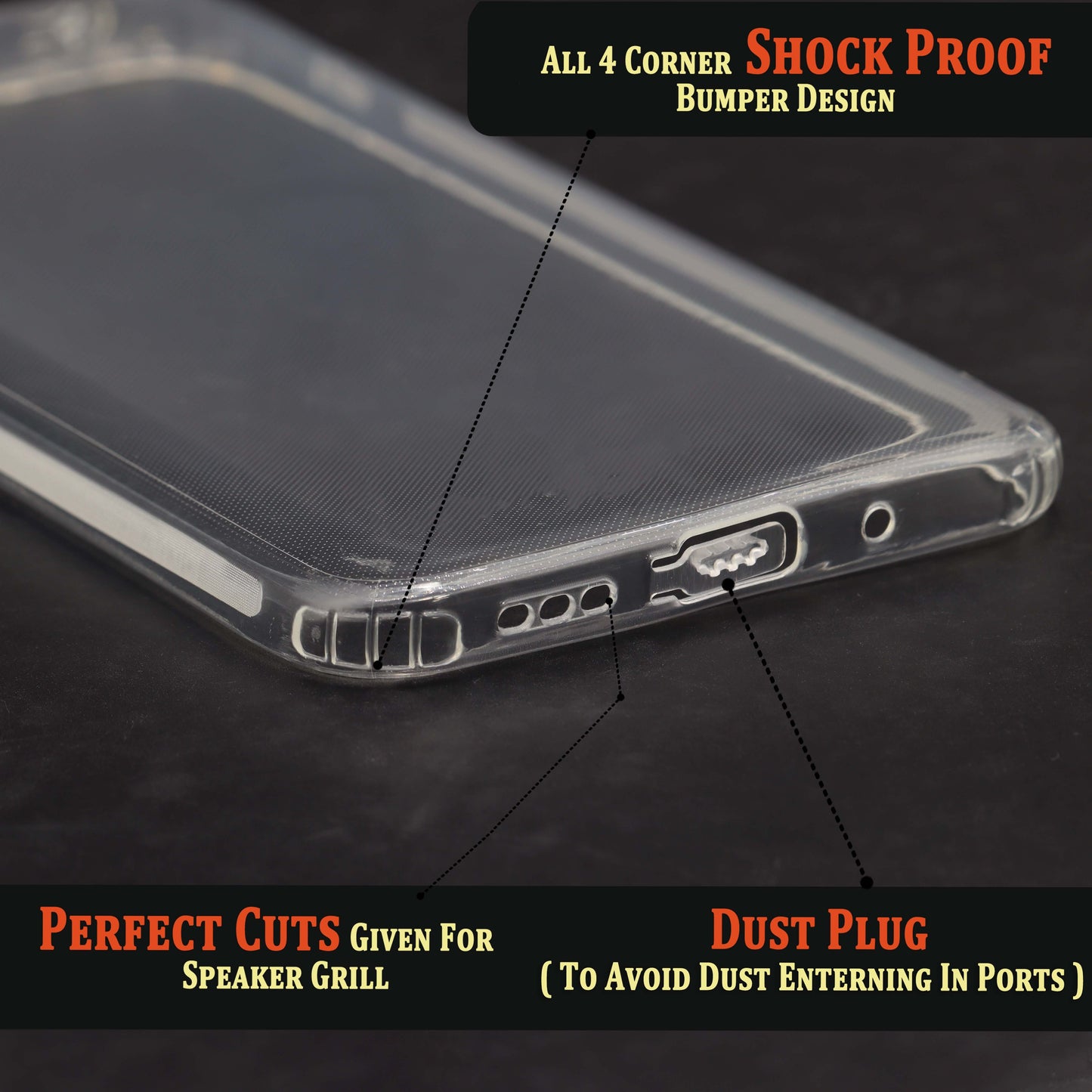 VAKIBO Super Premium Soft TPU Transparent Case With Dustplug,Side Grip,Corner Protection,lanyard Cuts,Camera Protection Suitable for Poco C3