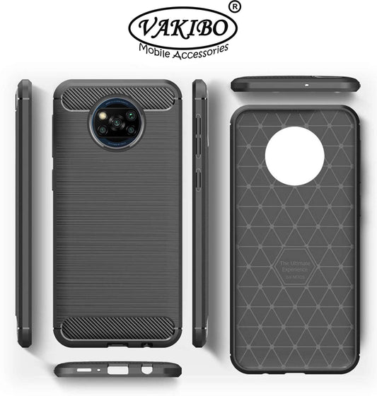 VAKIBO Carbon Fiber Brushed Black Coloured Soft TPU Back Cover Case With Camera Protection Ring Suitable for Mi Poco X3 Pro