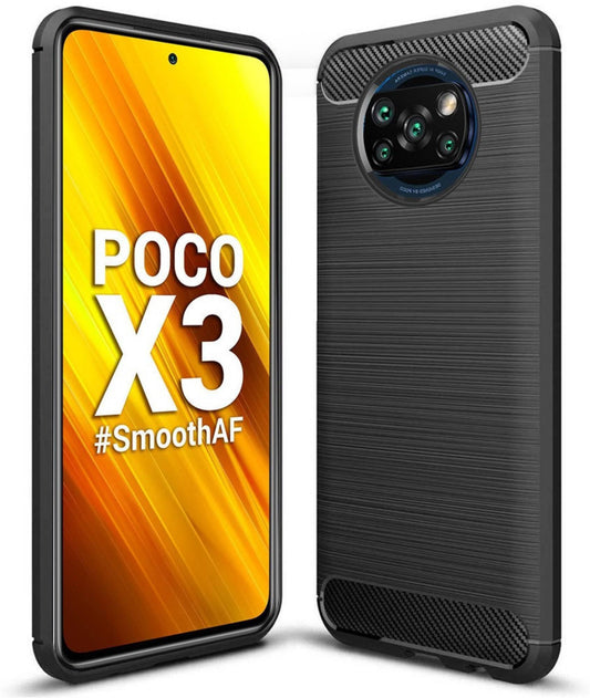 VAKIBO Carbon Fiber Brushed Black Coloured Soft TPU Back Cover Case With Camera Protection Ring Suitable for Mi Poco X3