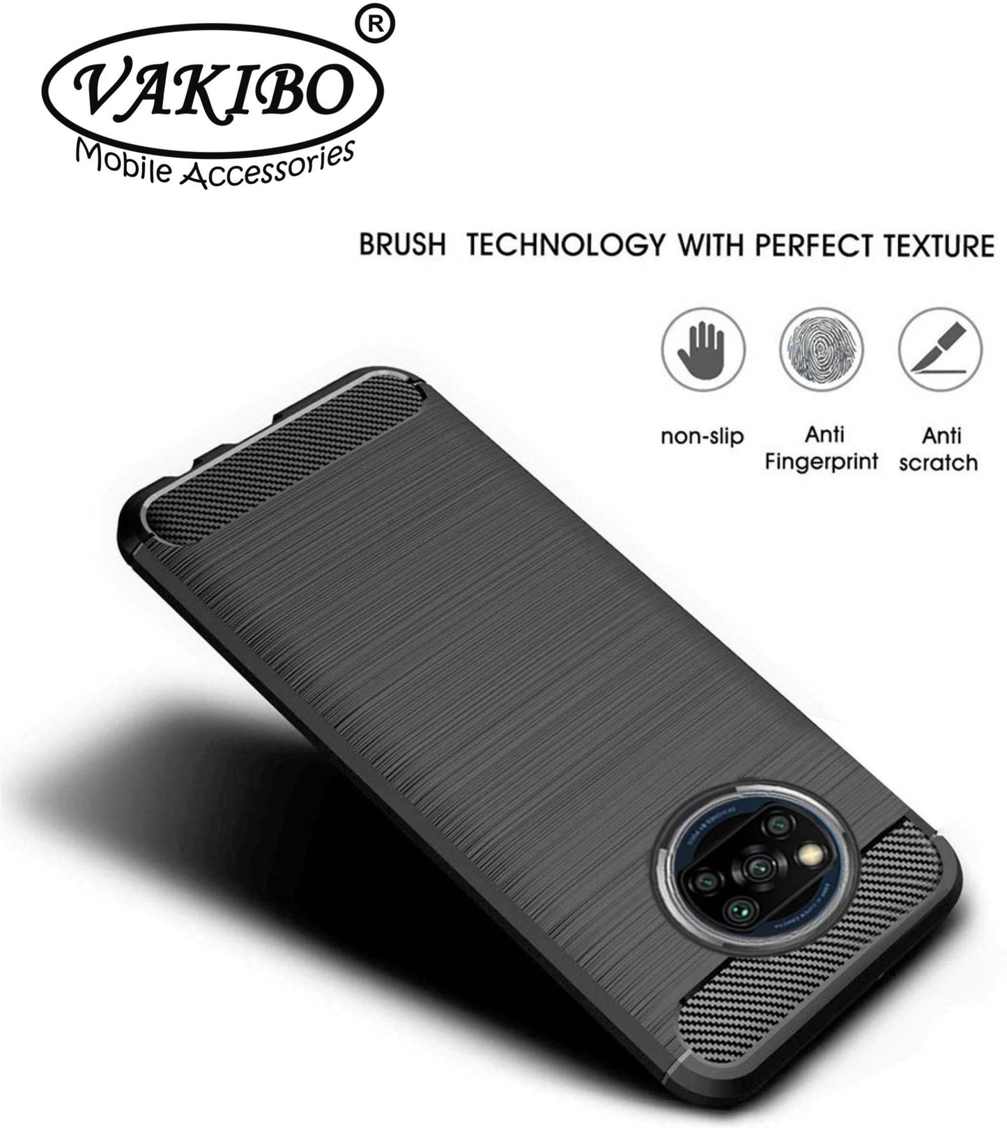 VAKIBO Carbon Fiber Brushed Black Coloured Soft TPU Back Cover Case With Camera Protection Ring Suitable for Mi Poco X3 Pro