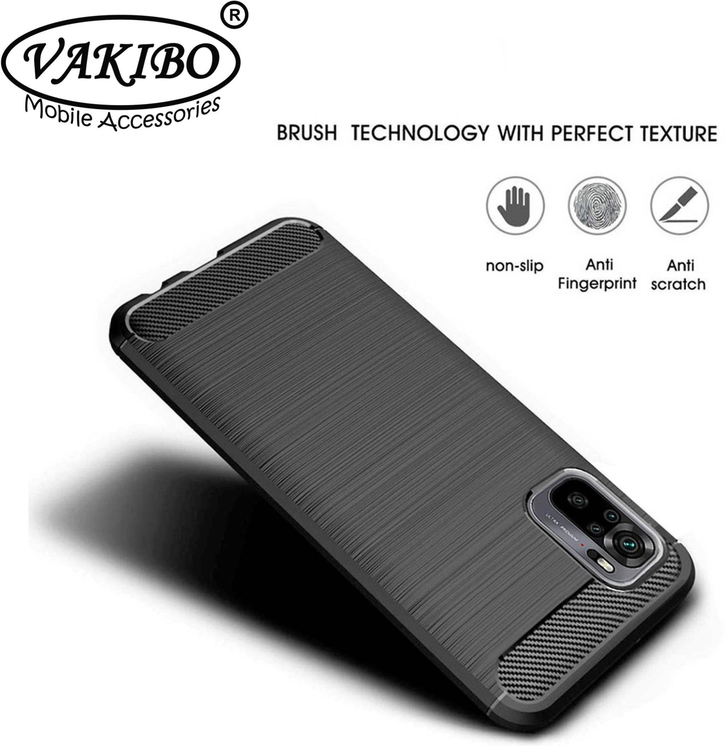 VAKIBO Carbon Fiber Brushed Black Coloured Soft TPU Back Cover Case With Camera Protection Ring Suitable for MI Redmi Note 10s