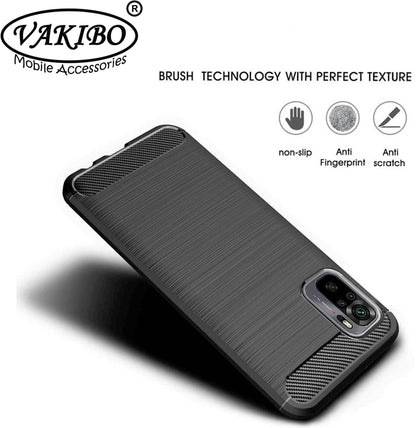 VAKIBO Carbon Fiber Brushed Black Coloured Soft TPU Back Cover Case With Camera Protection Ring Suitable for MI Redmi Note 10s